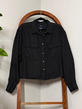 GAP XL Black 100% Linen Long Sleeve Cropped Button Front Shirt
